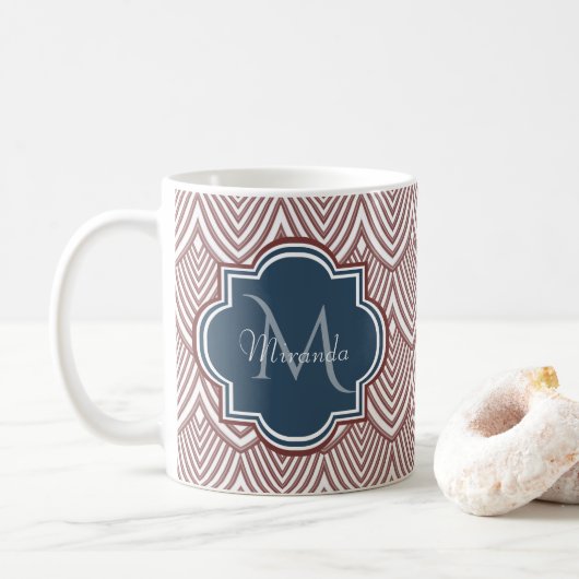 Dark Red Deco Scallops Navy Blue Monogram Name Koffiemok (Met donut)