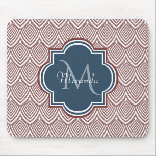 Dark Red Deco Scallops Navy Blue Monogram Name Muismat