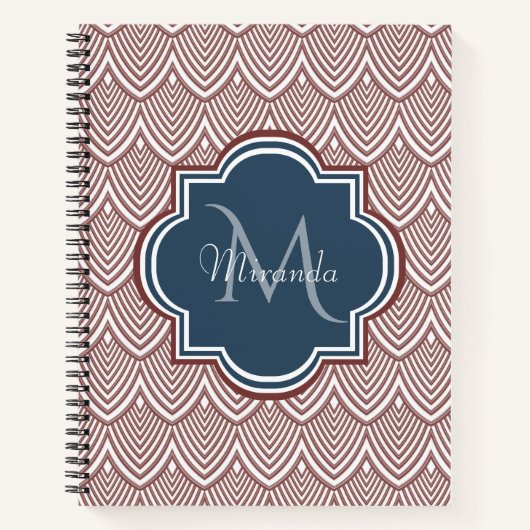 Dark Red Deco Scallops Navy Blue Monogram Name Notitieboek (Voorkant)