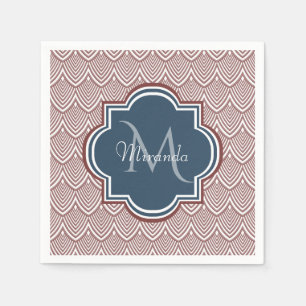 Dark Red Deco Scallops Navy Blue Monogram Name Servet