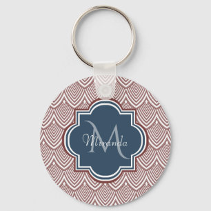 Dark Red Deco Scallops Navy Blue Monogram Name Sleutelhanger