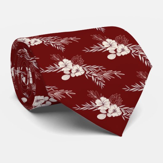Dark Red Floral Wedding Stropdas (Opgerold)