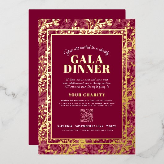 Dark red gold botanical pattern gala dinner event folie uitnodiging (Voorkant / Achterkant)