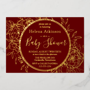 Dark Red & Gold Modern Peony Toile Baby shower Folie Uitnodiging