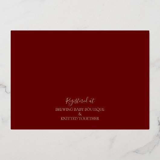 Dark Red & Gold Modern Peony Toile Baby shower Folie Uitnodiging (Achterkant)