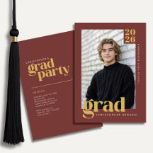 Dark Red Gold Modern Photo Graduation Party