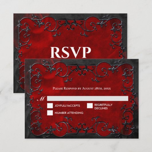 Dark red Gothic Halloween Wedding RSVP Card (Devant / Derrière)