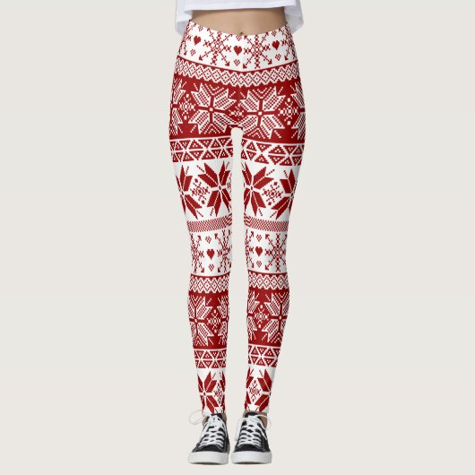 Dark Red Winter Fair Isle Pattern Leggings (Voorkant)