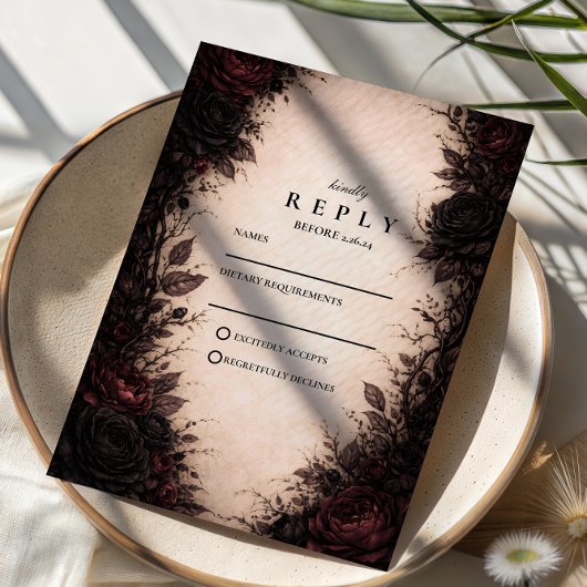 Dark Rose Gothic Wedding RSVP Kaartje