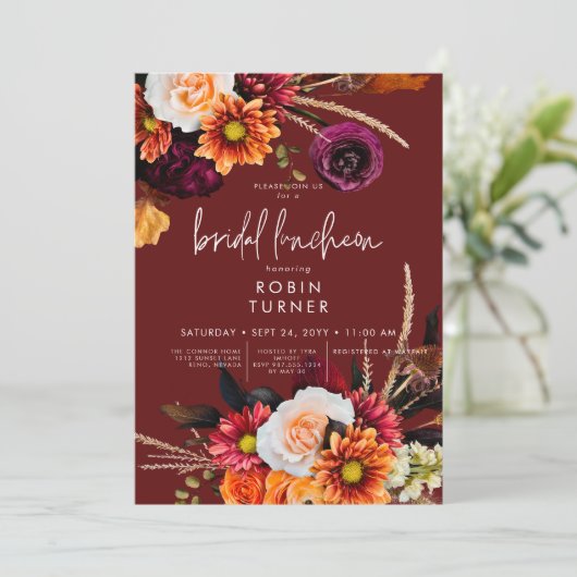 Dark Russet Boho Bloemen Rust Bruids Luncheon Kaart (Staand voorkant)