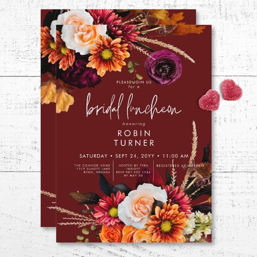 Dark Russet Boho Bloemen Rust Bruids Luncheon Kaart