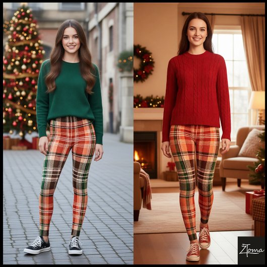 Dark Rustic Orange Green Brown Tartan Plaid Leggings