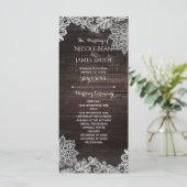Dark Rustic Wood & Lace Wedding Program Rack Kaart (Staand voorkant)