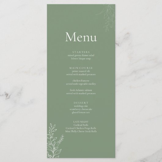 Dark Sage Green Botanical Wedding Menu (Devant)