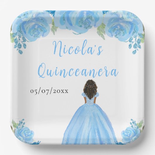 Dark Skin Princess Blue Floral Quinceanera Papieren Bordje (Voorkant)