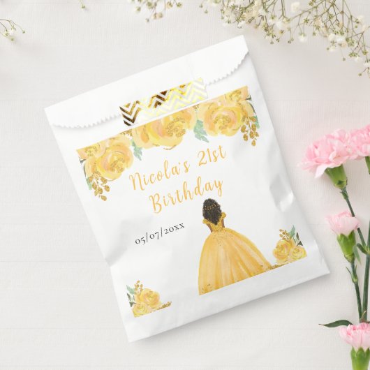 Dark Skin Princess Gold Floral Birthday Party Bedankzakje (Gezegeld)