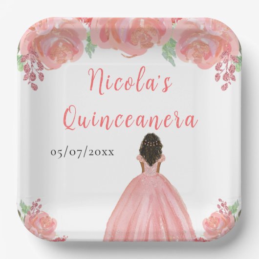 Dark Skin Princess Pink Floral Quinceanera Papieren Bordje (Voorkant)