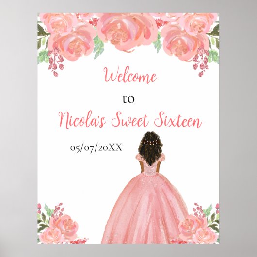 Dark Skin Princess Pink Sweet Sixteen Welcome Poster (Voorkant)