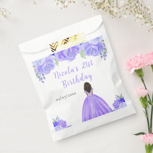 Dark Skin Princess Purple Floral Birthday Party Bedankzakje (Gezegeld)