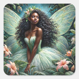 Dark-Skinned Fairy In Mint Green Botanical Vierkante Sticker