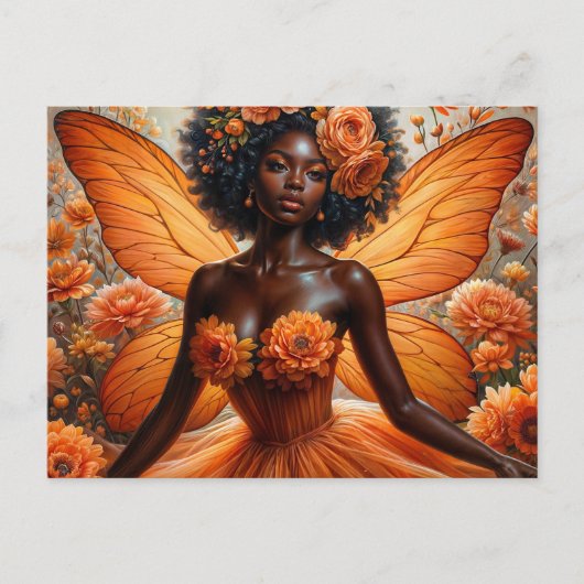 Dark-Skinned Fairy With Afro - Orange Floral Briefkaart (Voorkant)