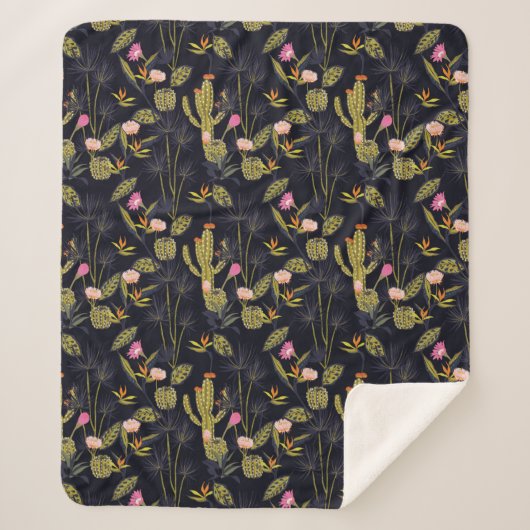Dark Summer Night Cactus Pattern Sherpa Deken (Voorkant)