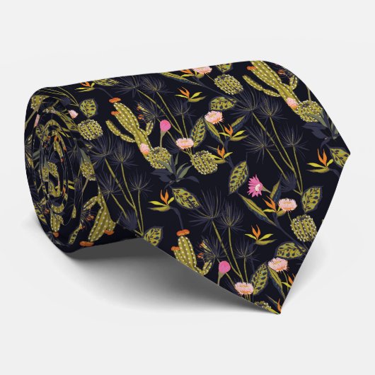 Dark Summer Night Cactus Pattern Stropdas (Opgerold)