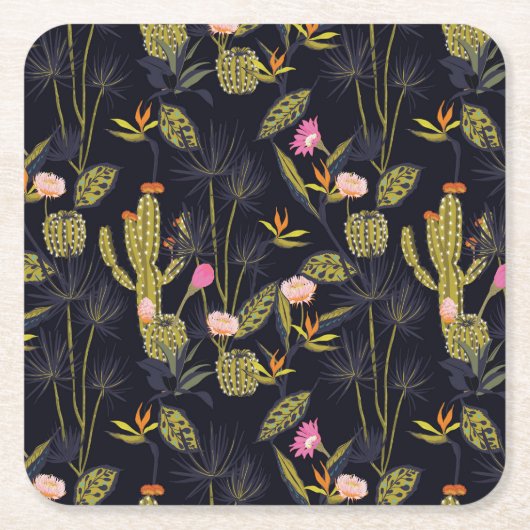 Dark Summer Night Cactus Pattern Vierkante Kartonnen Onderzetter (Voorkant)