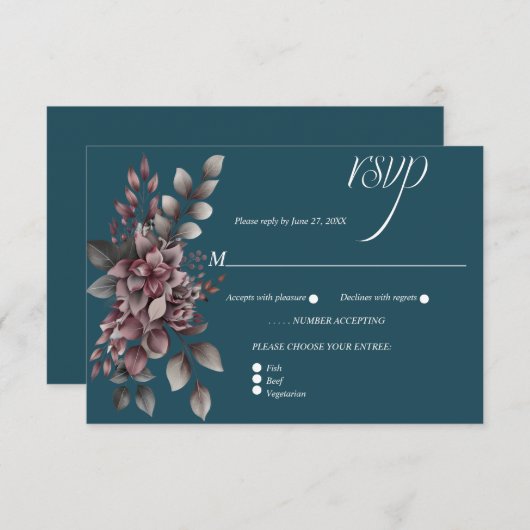 Dark Teal, Dusty Purple, Lavender, Sage Floral | RSVP Kaartje (Voorkant / Achterkant)
