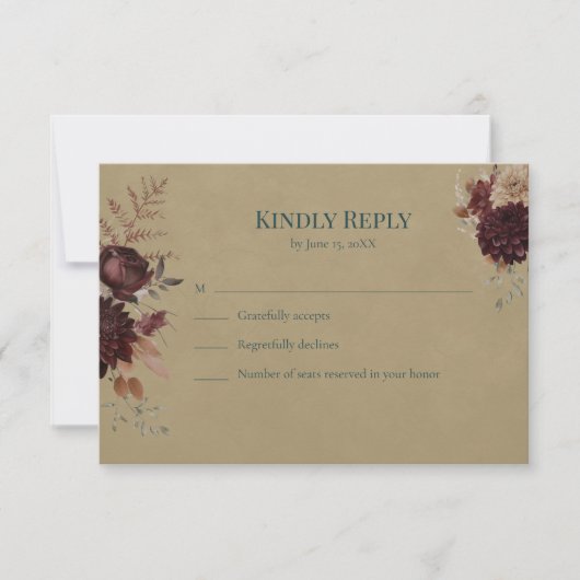 Dark Teal Floral Gothic RSVP Card (Voorkant)