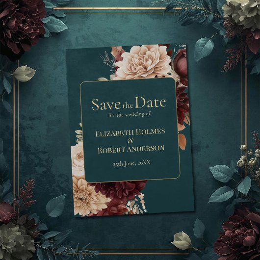 Dark Teal Floral Gothic Save the Date Kaart
