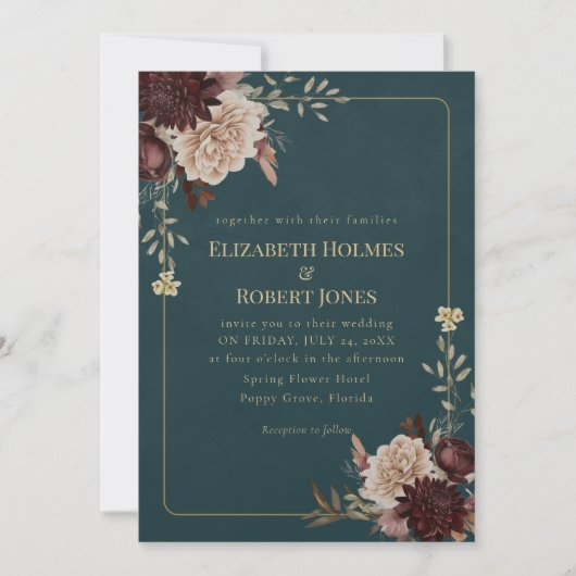 Dark Teal Floral Gothic Wedding Invitation (Devant)