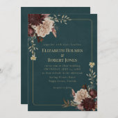 Dark Teal Floral Gothic Wedding Invitation (Devant / Derrière)