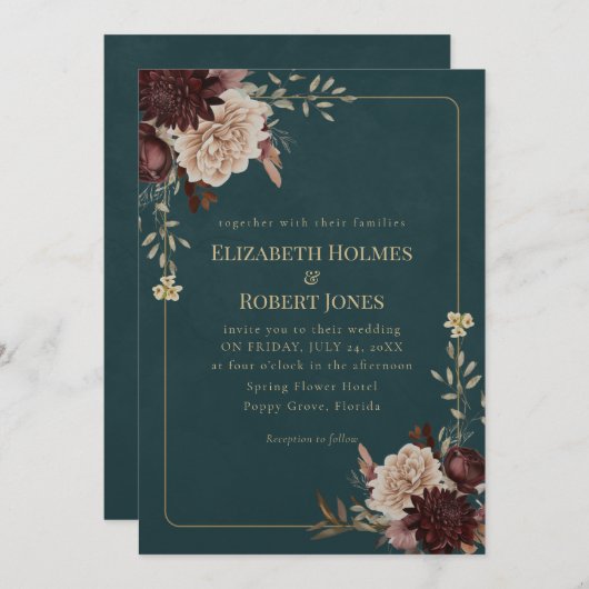 Dark Teal Floral Gothic Wedding Invitation (Devant / Derrière)