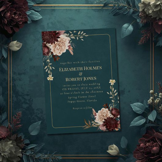 Dark Teal Floral Gothic Wedding Invitation