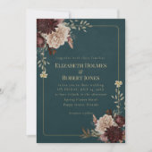 Dark Teal Floral Gothic Wedding Invitation Kaart (Voorkant)