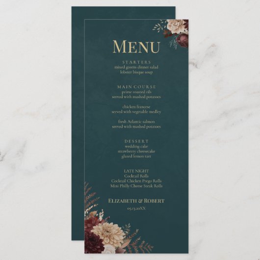 Dark Teal Floral Gothic Wedding Menu (Devant / Derrière)