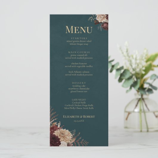 Dark Teal Floral Gothic Wedding Menu (Debout devant)
