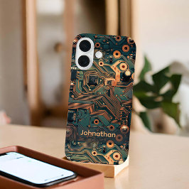 Dark Teal Gold Circuit Board Custom iPhone 16 Hoesje