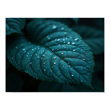 Dark Teal Macro Leaf With Rain Water Droplets
