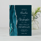 Dark Teal Silver Agate Script Wedding Folie Uitnodiging (Staand Voorkant)