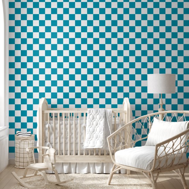 Dark turquoise checkered  behang (Kinderen)