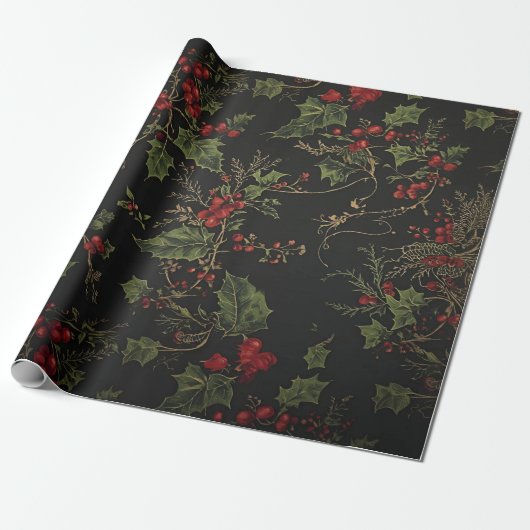 Dark Victorian Crimson Berries & Gold Vine Wrappin Cadeaupapier (Uitgerold)