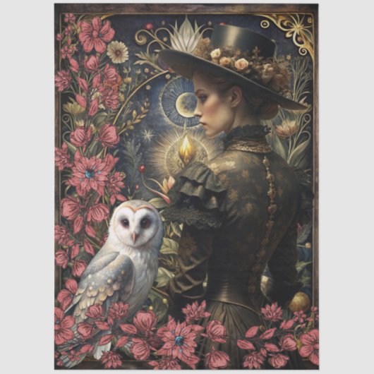 Dark Victorian Girl White Owl Floral Abstract Art  Tissuepapier (Voorkant)