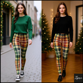 Dark Vintage Earthy Green Tan Plaid Leggings