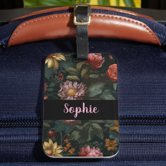 Dark Vintage Floral Custom Name Elegant Travel  Bagagelabel