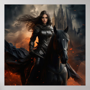 Dark Warrior Princess op Black Horse - Fantasy Cas Poster