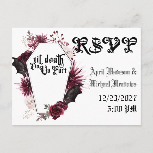Dark Wedding Spider Web Coffin Gothic Wedding RSVP Uitnodiging Briefkaart (Achterkant)