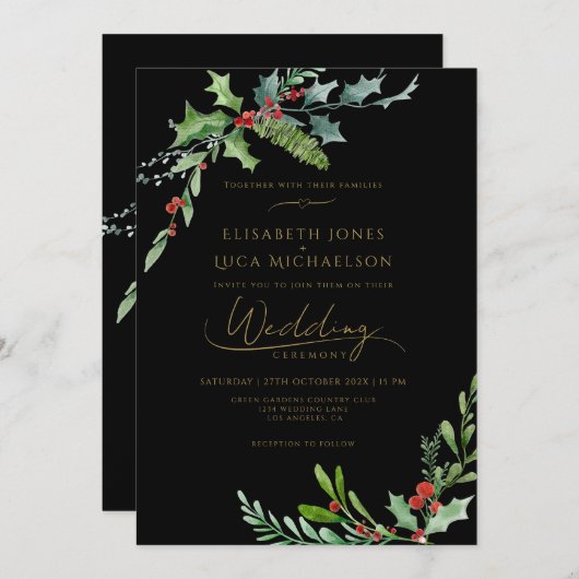 Dark Winter Berry Moody Botanical Monogram Wedding Kaart (Voorkant / Achterkant)