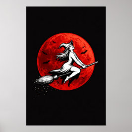 Dark Witch Flying Over Red Moon Poster